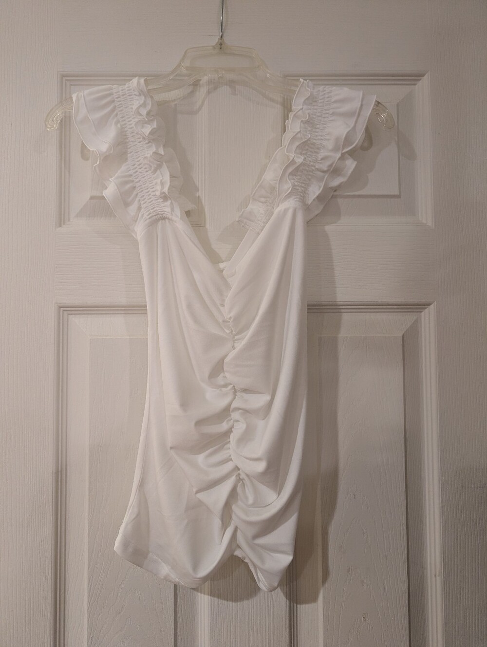 Venus White Ruffled V-Neck Ruched Tank